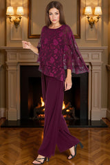 Dreamyannie Lace Floral Grape Tiered 2 Piece Mother Of The Bride Pant Suits