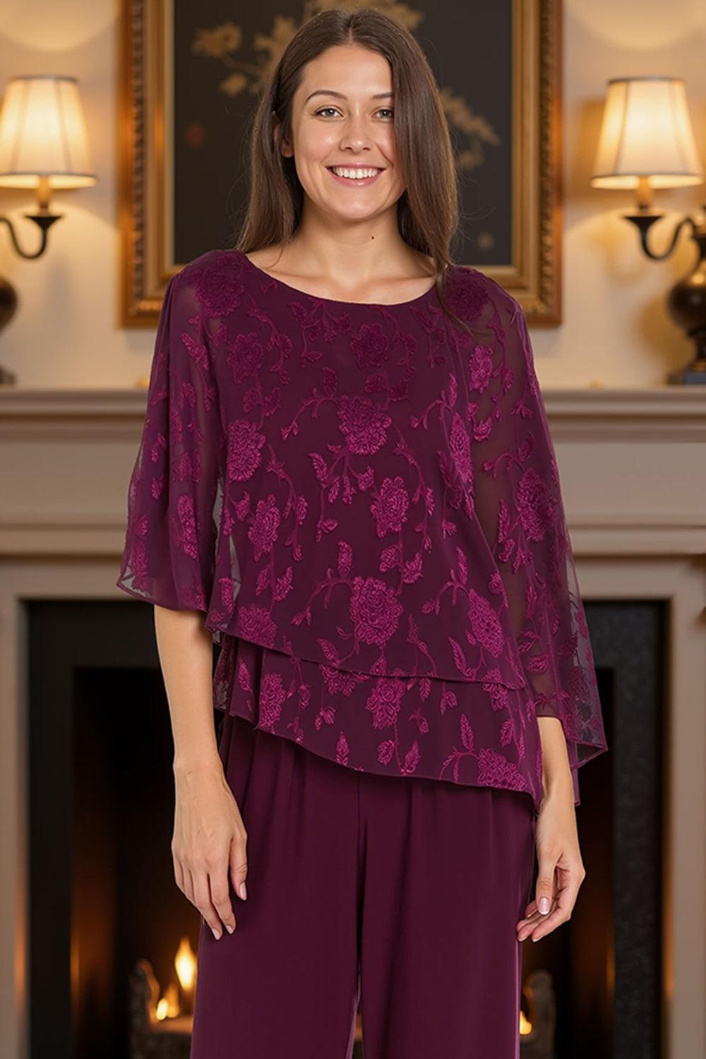 Dreamyannie Lace Floral Grape Tiered 2 Piece Mother Of The Bride Pant Suits
