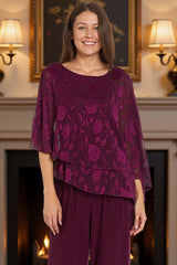 Dreamyannie Lace Floral Grape Tiered 2 Piece Mother Of The Bride Pant Suits
