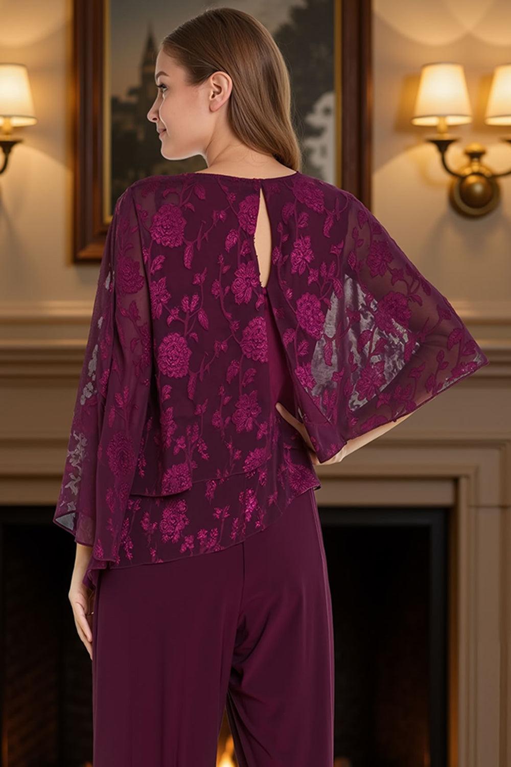 Dreamyannie Lace Floral Grape Tiered 2 Piece Mother Of The Bride Pant Suits