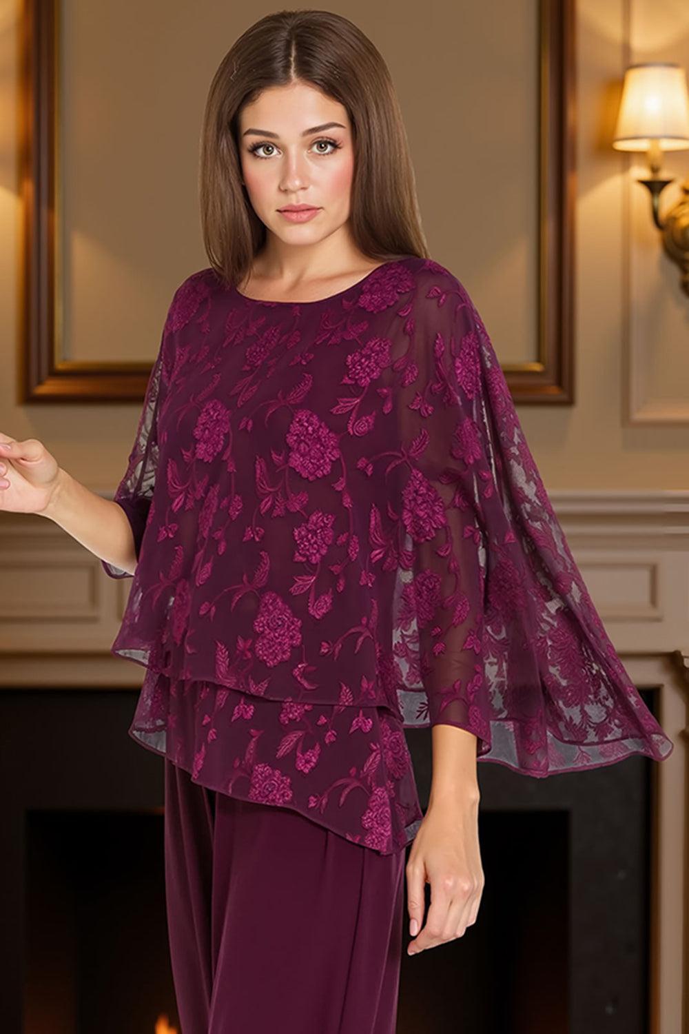 Dreamyannie Lace Floral Grape Tiered 2 Piece Mother Of The Bride Pant Suits