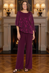 Dreamyannie Lace Floral Grape Tiered 2 Piece Mother Of The Bride Pant Suits