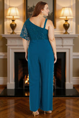 Dreamyannie Lace Ink Blue Asymmetrical Neck Floor Length Mother Of The Bride Jumpsuits