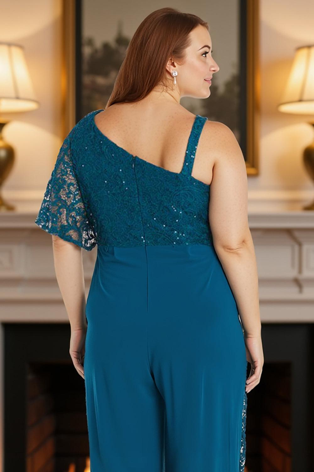 Dreamyannie Lace Ink Blue Asymmetrical Neck Floor Length Mother Of The Bride Jumpsuits