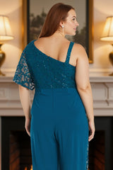 Dreamyannie Lace Ink Blue Asymmetrical Neck Floor Length Mother Of The Bride Jumpsuits