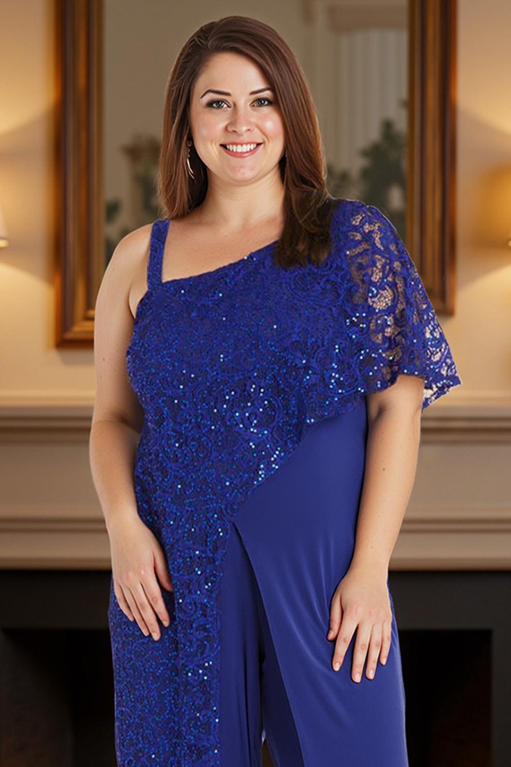Dreamyannie Lace Ink Blue Asymmetrical Neck Floor Length Mother Of The Bride Jumpsuits