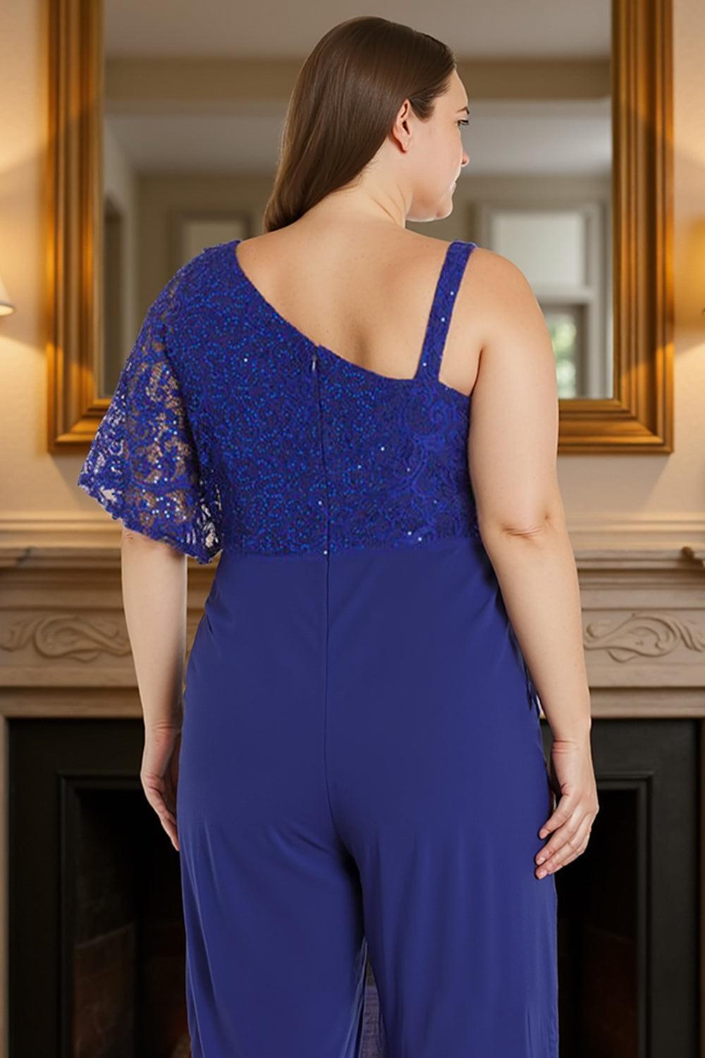 Dreamyannie Lace Ink Blue Asymmetrical Neck Floor Length Mother Of The Bride Jumpsuits