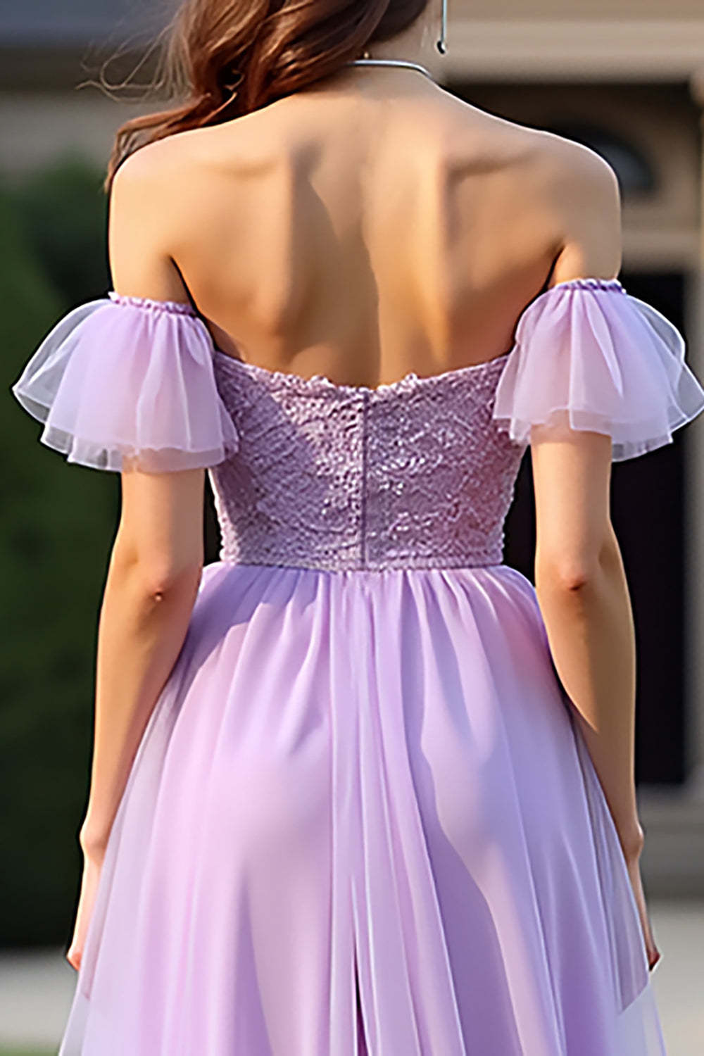 Dreamyannie Lace Lilac Off The Shoulder Long Formal Dress With Ruffles
