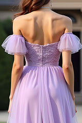 Dreamyannie Lace Lilac Off The Shoulder Long Formal Dress With Ruffles