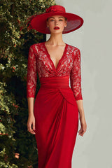 Dreamyannie Lace Red V Neck Mermaid Long Mother Of The Bride Dress With Sleeves