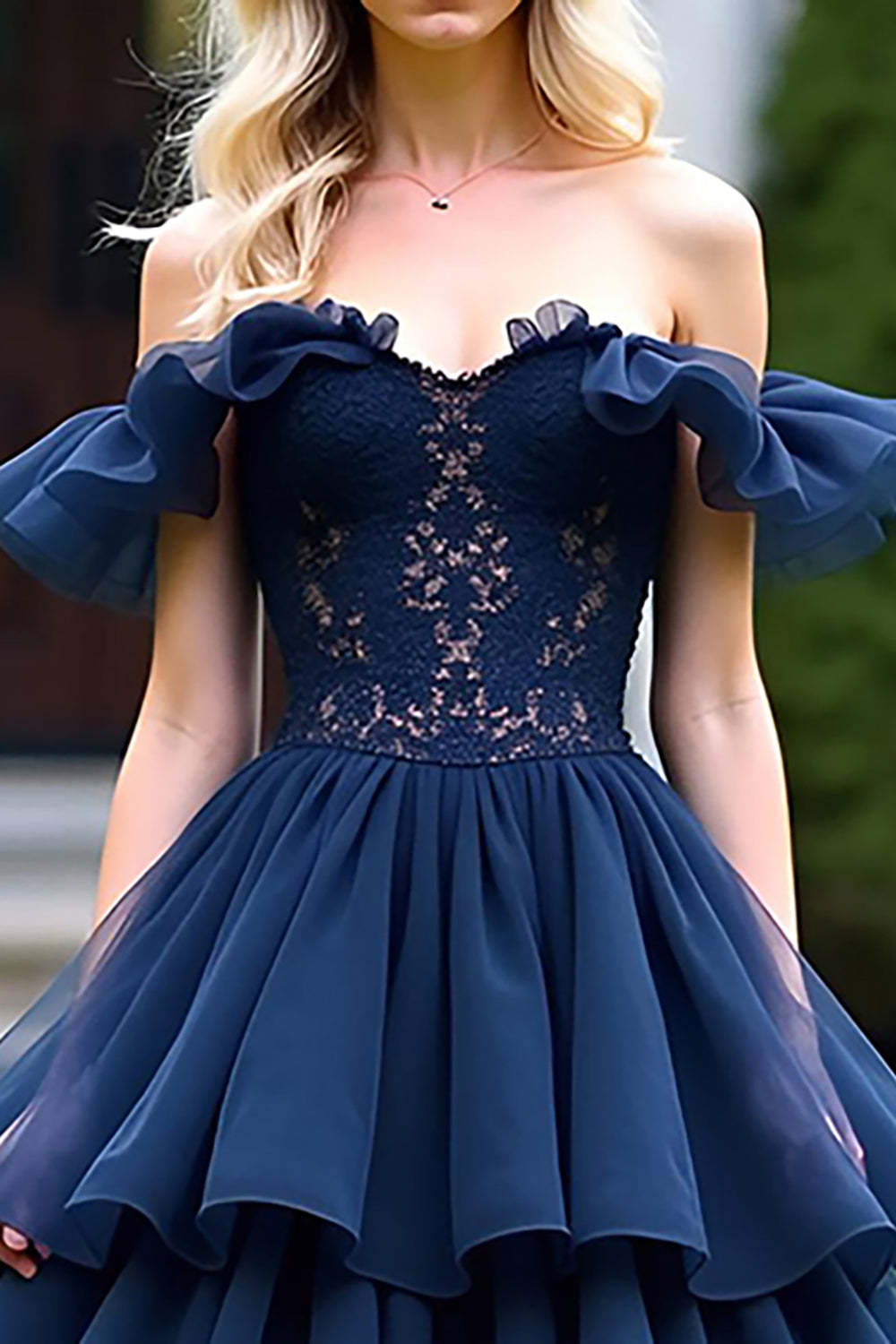 Dreamyannie Lace Tulle Navy Wedding Guest Dress A Line Tea-Length Formal Dress With Ruffles