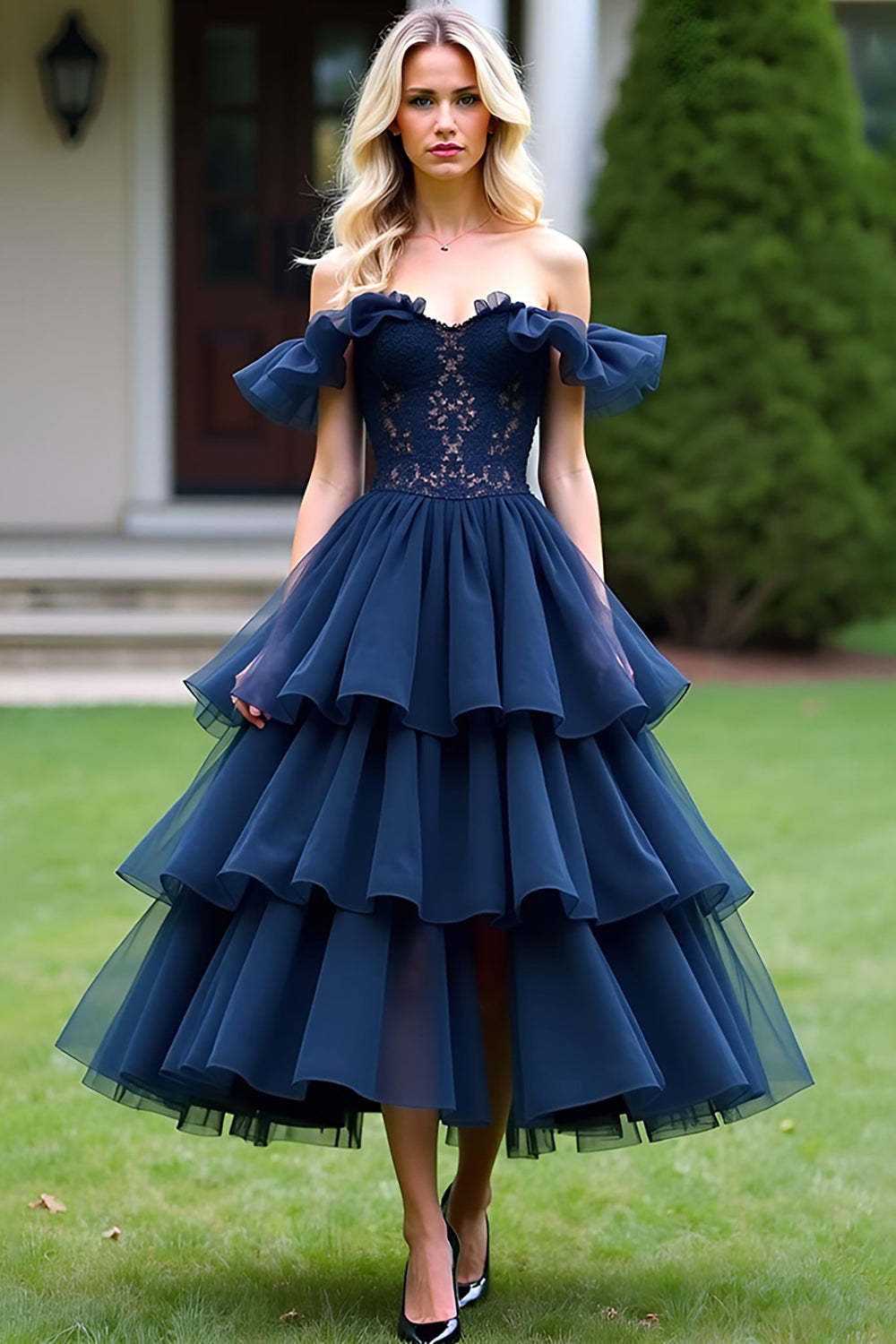 Dreamyannie Lace Tulle Navy Wedding Guest Dress A Line Tea-Length Formal Dress With Ruffles