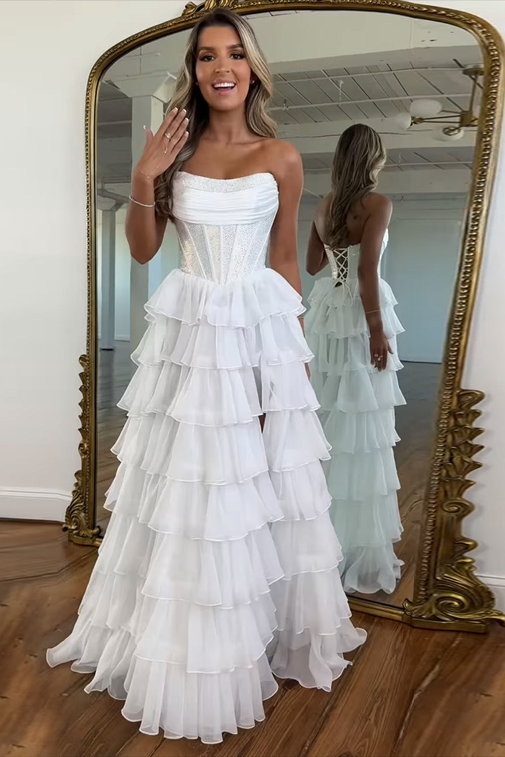 Dreamyannie A Line Tiered Prom Dress Strapless Corset Long Chiffon Formal Dress With Slit