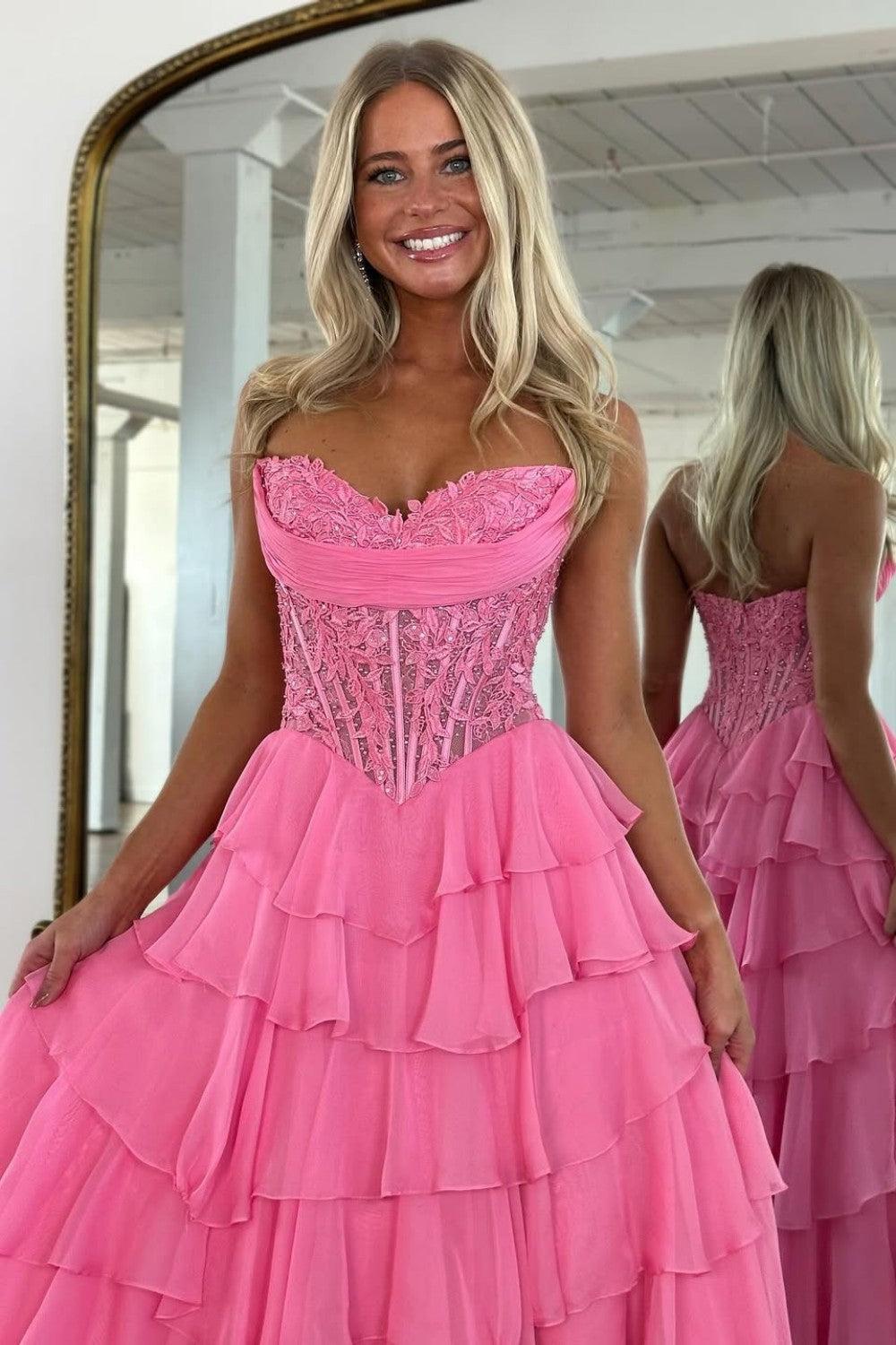 Dreamyannie Layered Ruffle A-Line Prom Dress With Embellished Lace Bodice And Leg Slit Formal Evening Gown