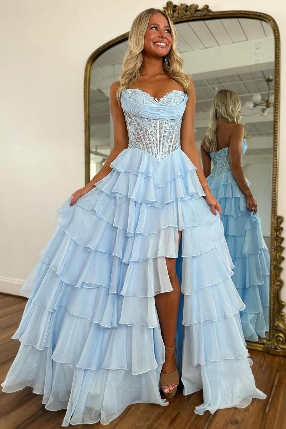 Dreamyannie Layered Ruffle A-Line Prom Dress With Embellished Lace Bodice And Leg Slit Formal Evening Gown