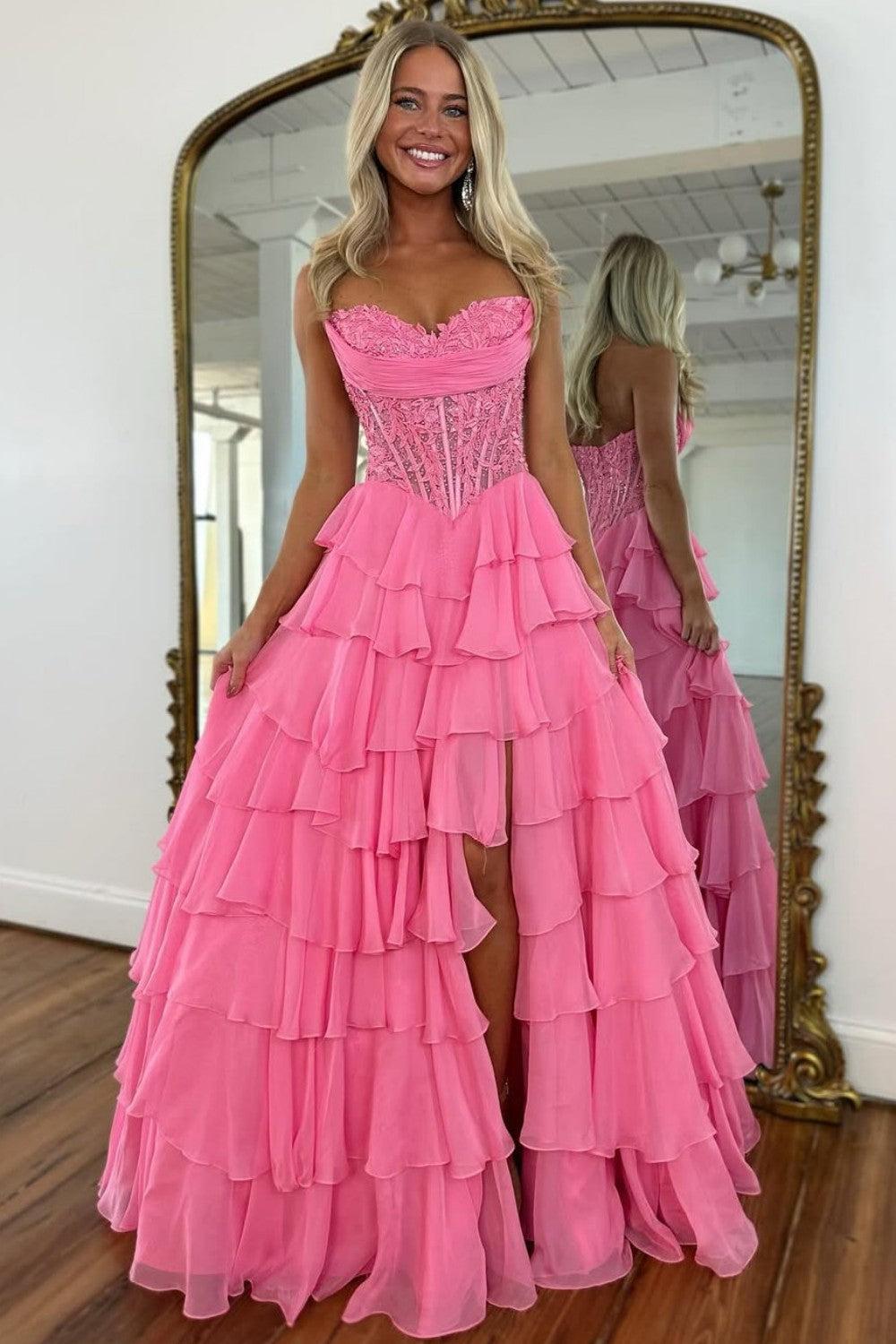 Dreamyannie Layered Ruffle A-Line Prom Dress With Embellished Lace Bodice And Leg Slit Formal Evening Gown