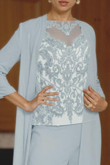 Dreamyannie Light Blue Bateau Neck Chiffon 3 Piece Mother Of The Bride Pant Suits With Jacket