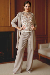 Dreamyannie Light Blue Bateau Neck Chiffon 3 Piece Mother Of The Bride Pant Suits With Jacket