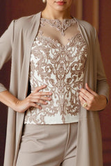 Dreamyannie Light Blue Bateau Neck Chiffon 3 Piece Mother Of The Bride Pant Suits With Jacket