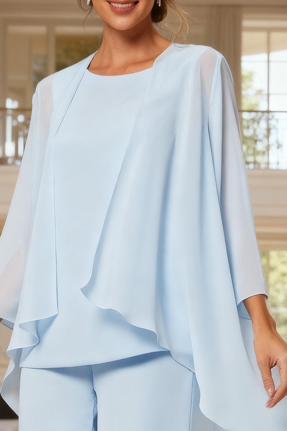 Dreamyannie Light Blue Chiffon Boat Neck 3 Piece Mother Of The Bride Pant Suits With Jacket
