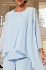 Dreamyannie Light Blue Chiffon Boat Neck 3 Piece Mother Of The Bride Pant Suits With Jacket