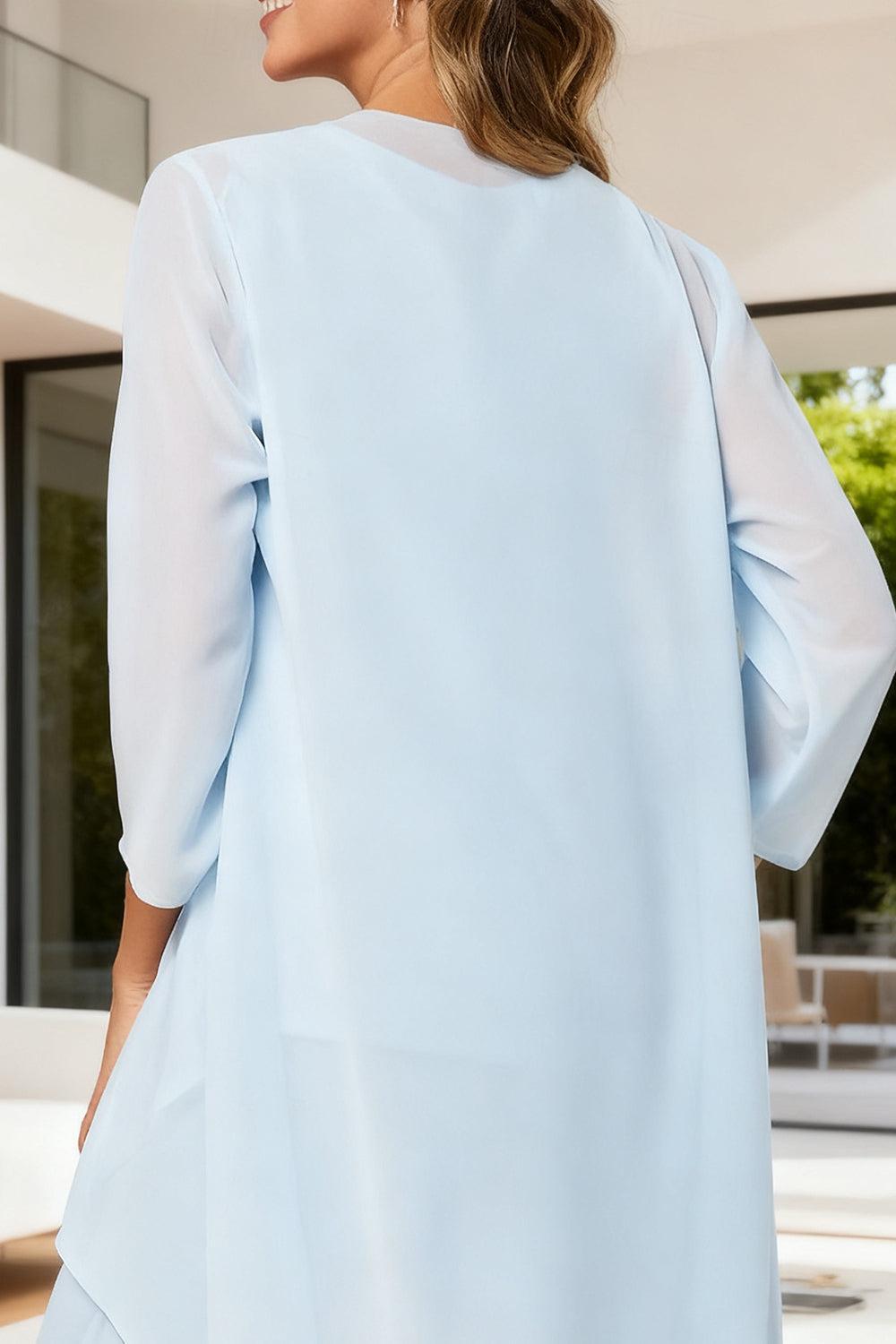 Dreamyannie Light Blue Chiffon Boat Neck 3 Piece Mother Of The Bride Pant Suits With Jacket