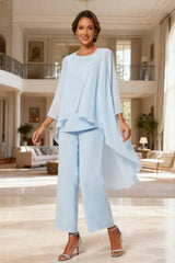 Dreamyannie Light Blue Chiffon Boat Neck 3 Piece Mother Of The Bride Pant Suits With Jacket