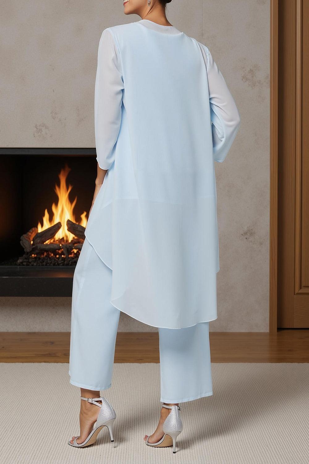 Dreamyannie Light Blue Floral Round Neck Chiffon 3 Piece Mother Of The Bride Pant Suits With Sleeves