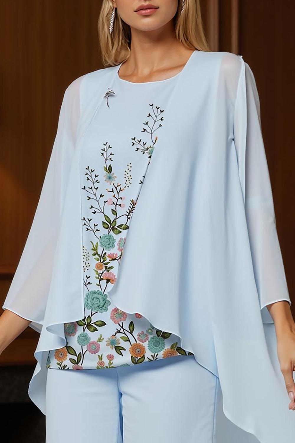 Dreamyannie Light Blue Floral Round Neck Chiffon 3 Piece Mother Of The Bride Pant Suits With Sleeves