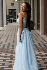 Dreamyannie Light Blue Prom Dress A-Line Spaghetti Straps Appliques Evening Dress With Slit