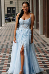 Dreamyannie Light Blue Prom Dress A-Line Spaghetti Straps Appliques Evening Dress With Slit