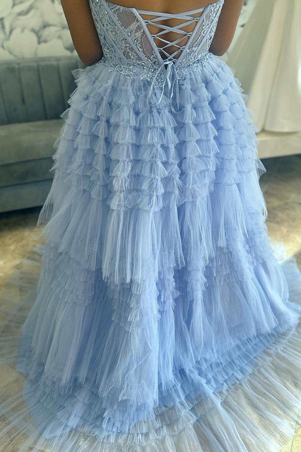 Dreamyannie Light Blue Prom Dress Appliques Tiered A-Line Sweetheart Long Evening Dress