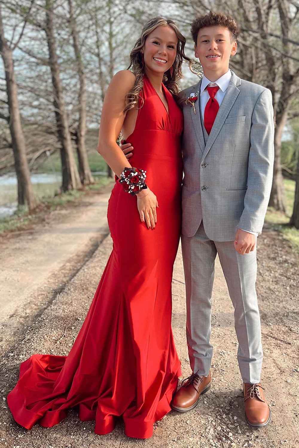 Dreamyannie Light Blue Prom Dress Mermaid Deep V-Neck Backless Long Formal Dress