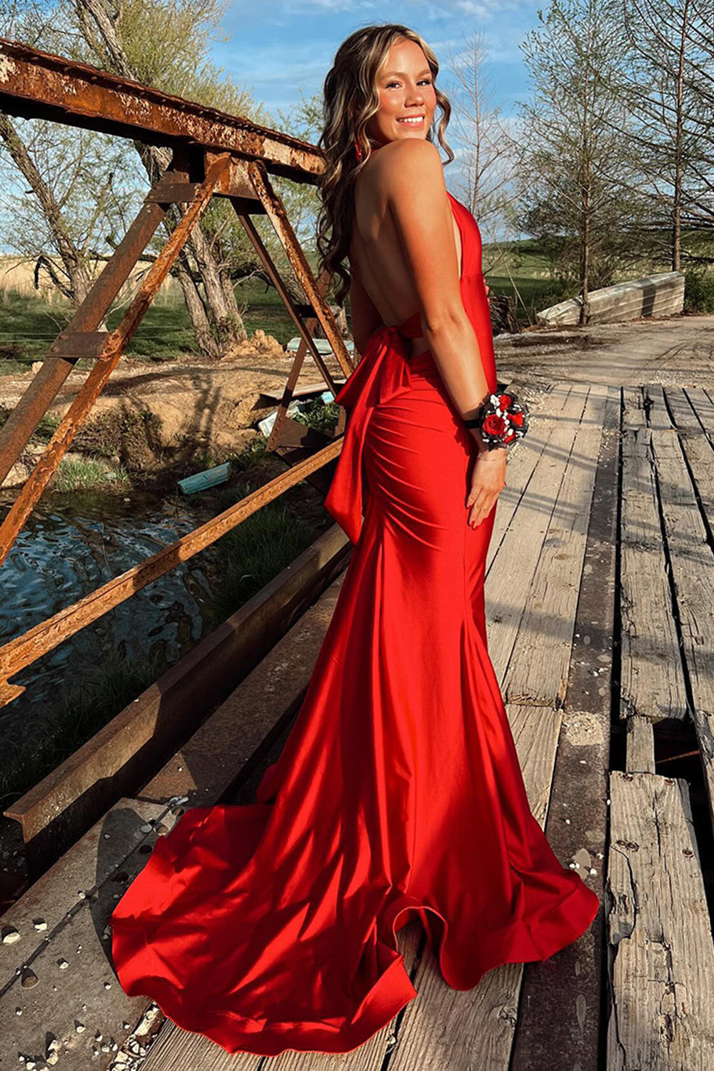 Dreamyannie Light Blue Prom Dress Mermaid Deep V-Neck Backless Long Formal Dress