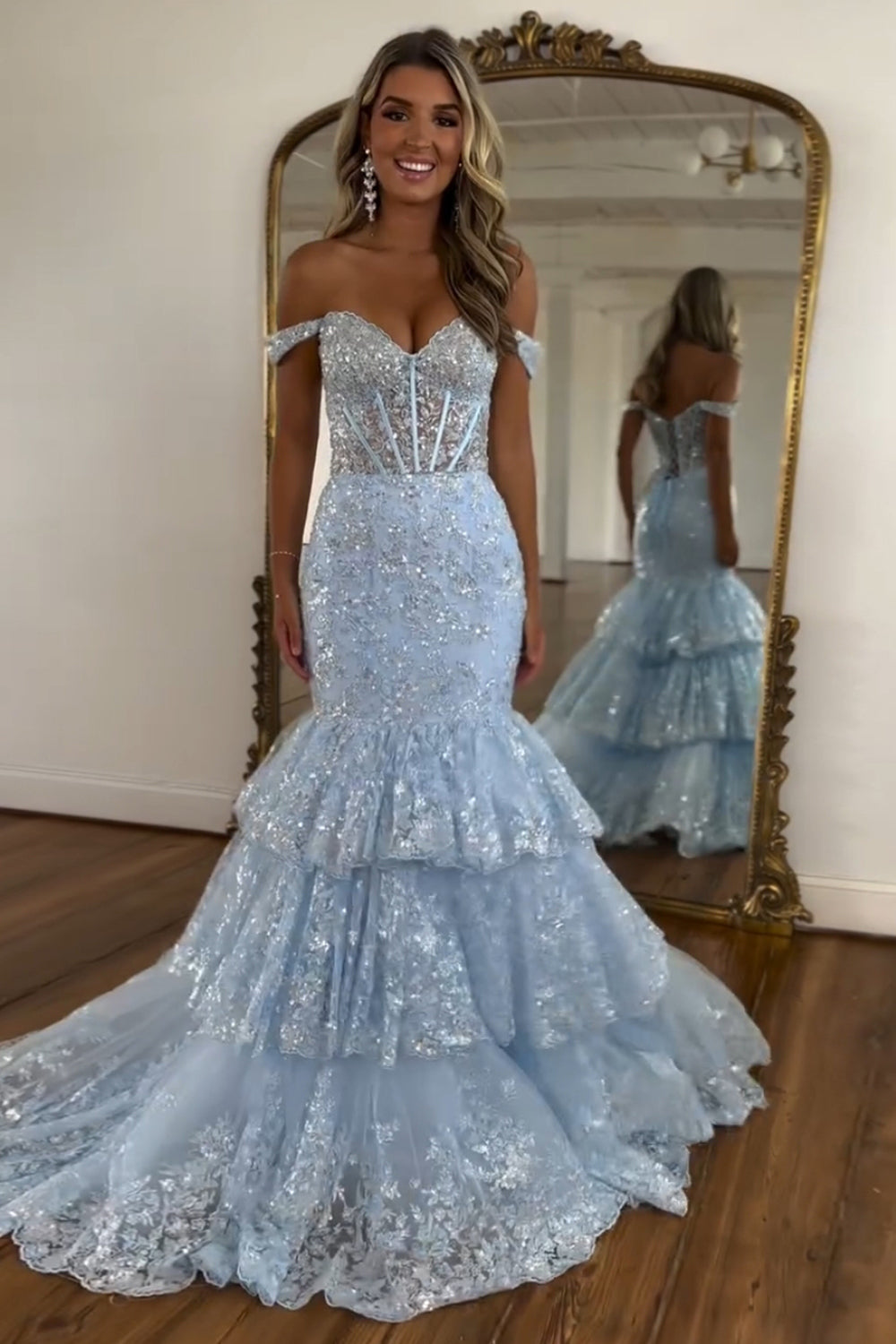Dreamyannie Light Blue Prom Dress Mermaid Off The Shoulder Long Evening Dress With Lace