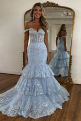 Dreamyannie Light Blue Prom Dress Mermaid Off The Shoulder Long Evening Dress With Lace