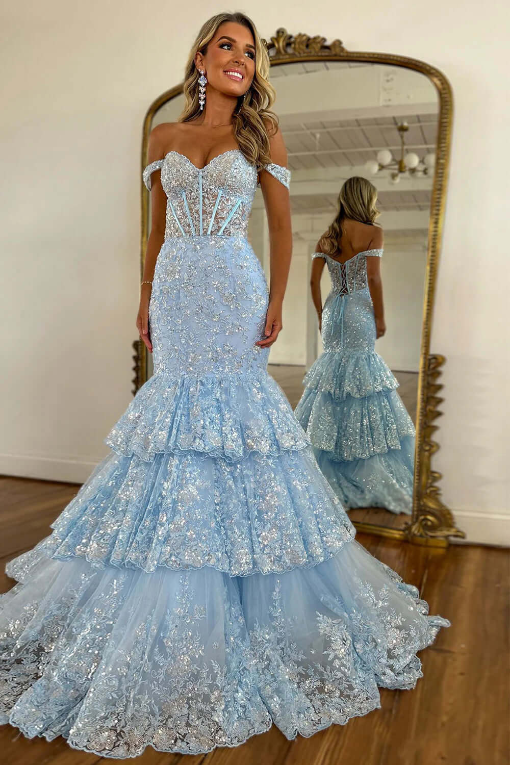 Dreamyannie Light Blue Prom Dress Mermaid Off The Shoulder Long Evening Dress With Lace