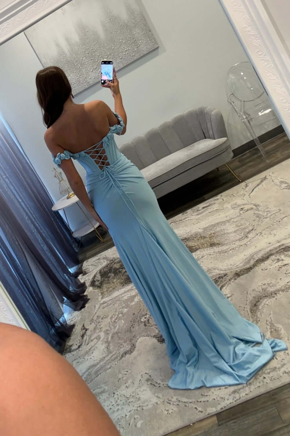 Dreamyannie Light Blue Prom Dress Off The Shoulder Corset Mermaid Long Formal Dress With Slit