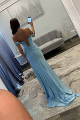 Dreamyannie Light Blue Prom Dress Off The Shoulder Corset Mermaid Long Formal Dress With Slit