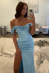 Dreamyannie Light Blue Prom Dress Off The Shoulder Corset Mermaid Long Formal Dress With Slit