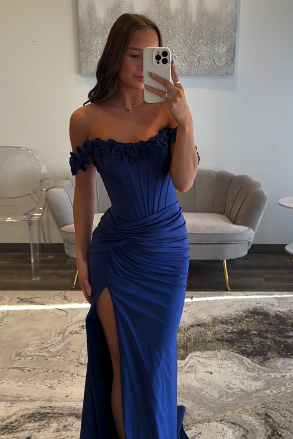 Dreamyannie Light Blue Prom Dress Off The Shoulder Corset Mermaid Long Formal Dress With Slit