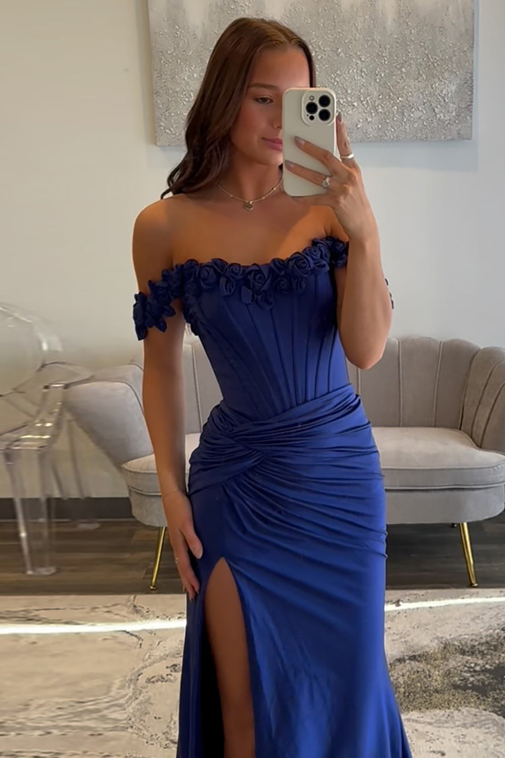 Dreamyannie Light Blue Prom Dress Off The Shoulder Corset Mermaid Long Formal Dress With Slit