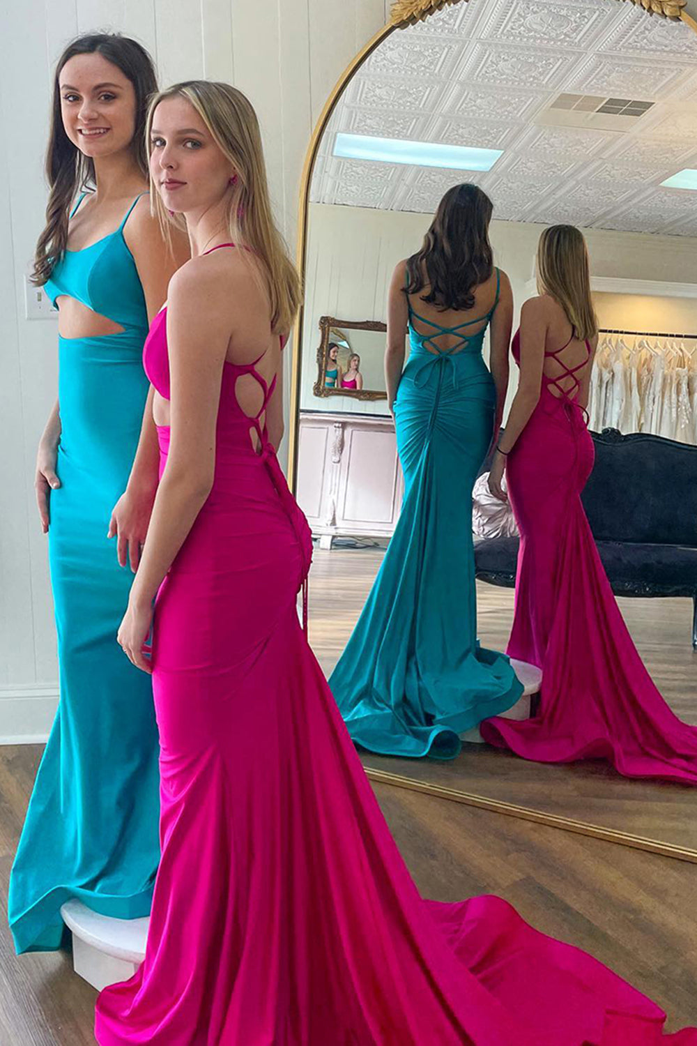 Dreamyannie Light Blue Prom Dress Satin Spaghetti Straps Cut Out Long Formal Dress