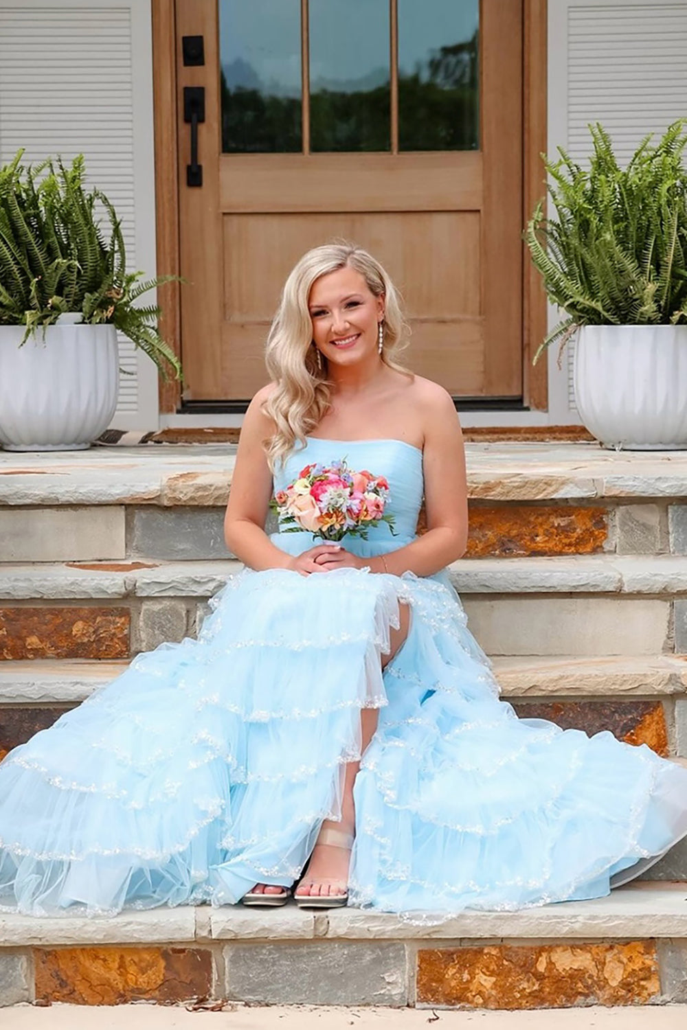Dreamyannie Light Blue Prom Dress Strapless Ruffled Long Evening Dress With Slit