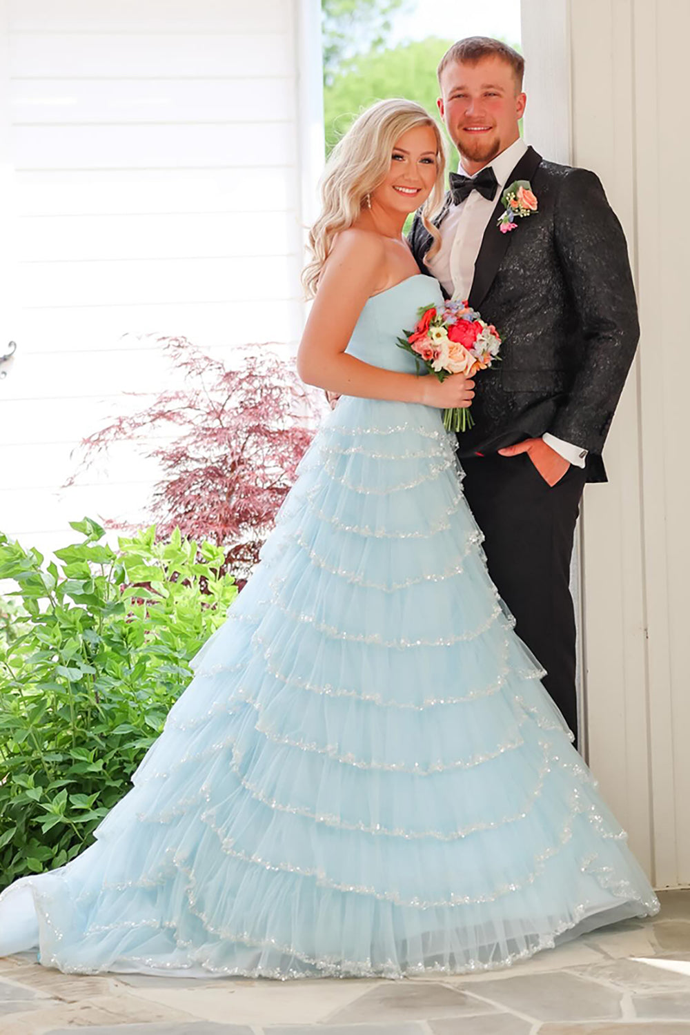 Dreamyannie Light Blue Prom Dress Strapless Ruffled Long Evening Dress With Slit
