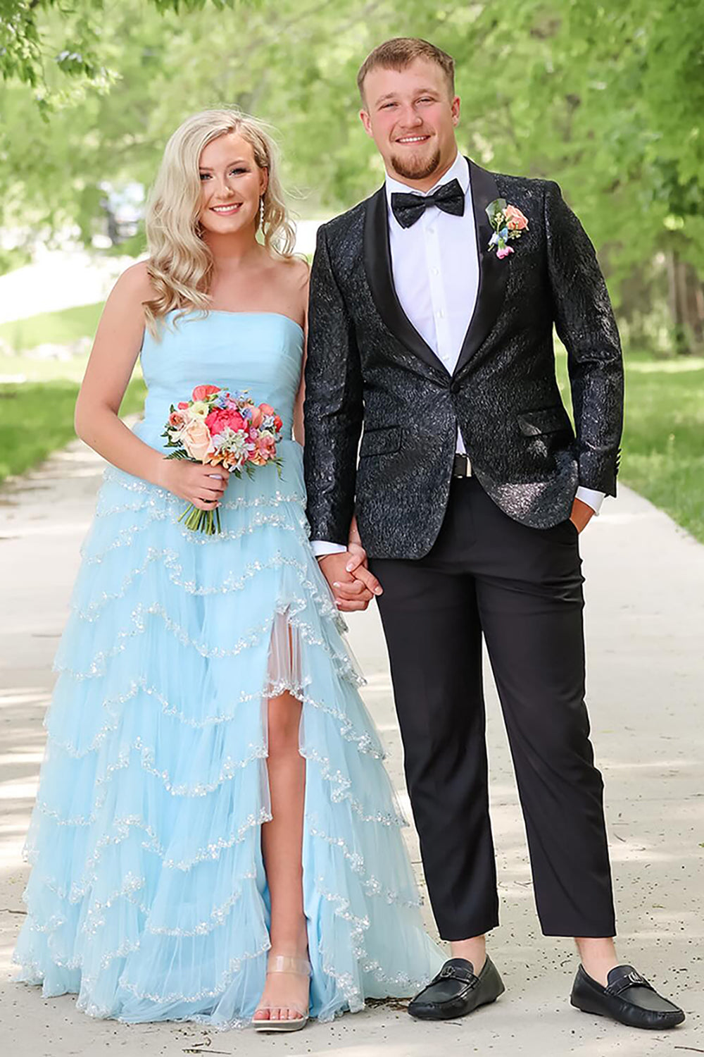 Dreamyannie Light Blue Prom Dress Strapless Ruffled Long Evening Dress With Slit