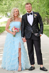 Dreamyannie Light Blue Prom Dress Strapless Ruffled Long Evening Dress With Slit