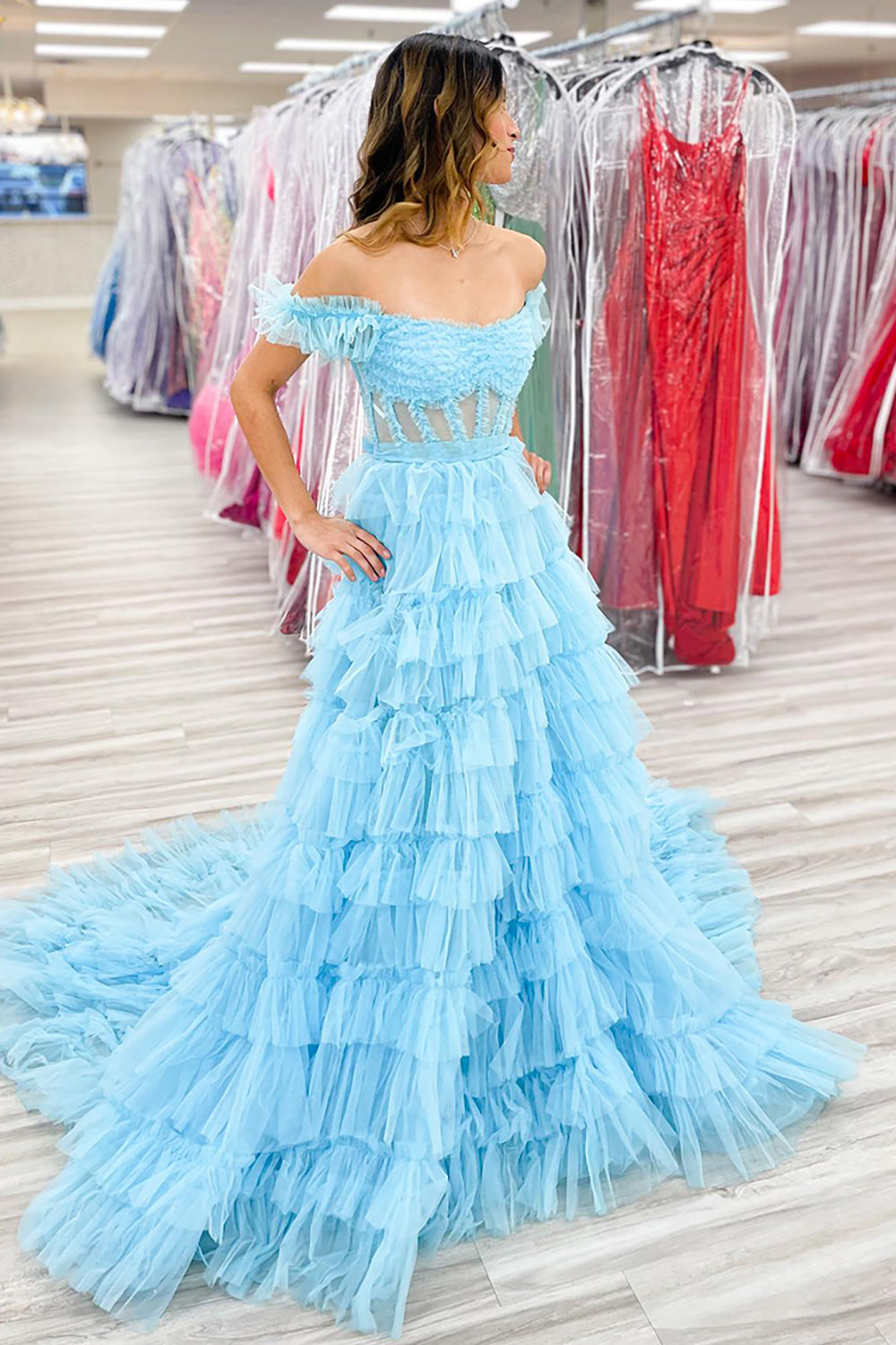 Dreamyannie Light Blue Prom Dress Tulle A-Line Off The Shoulder Long Evening Dress With Slit