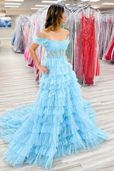 Dreamyannie Light Blue Prom Dress Tulle A-Line Off The Shoulder Long Evening Dress With Slit