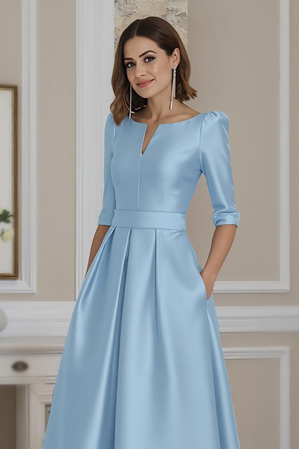 Dreamyannie Light Blue Satin A Line High Low Mother Of The Bride Dress With Sleeves
